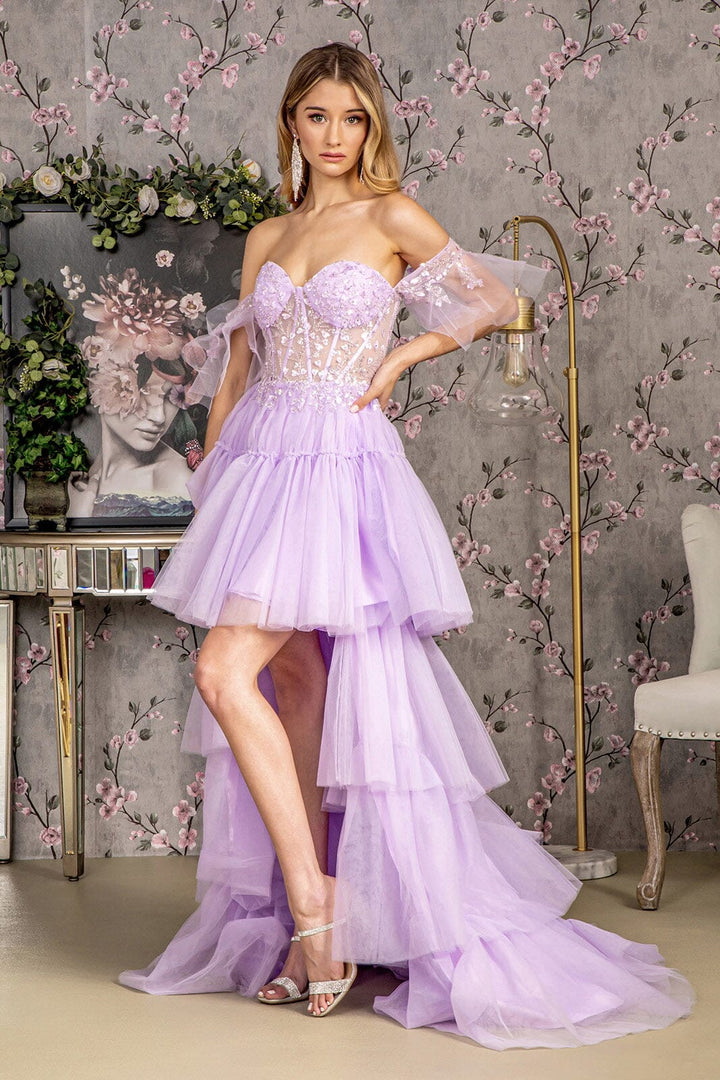 Heart Beaded Off Shoulder High Low Gown by GLS Gloria GL3396