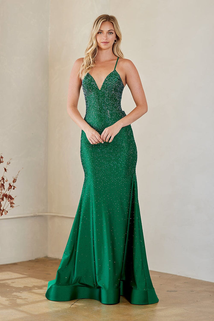 Heat Stone V-Neck Mermaid Gown by Amelia Couture 3018