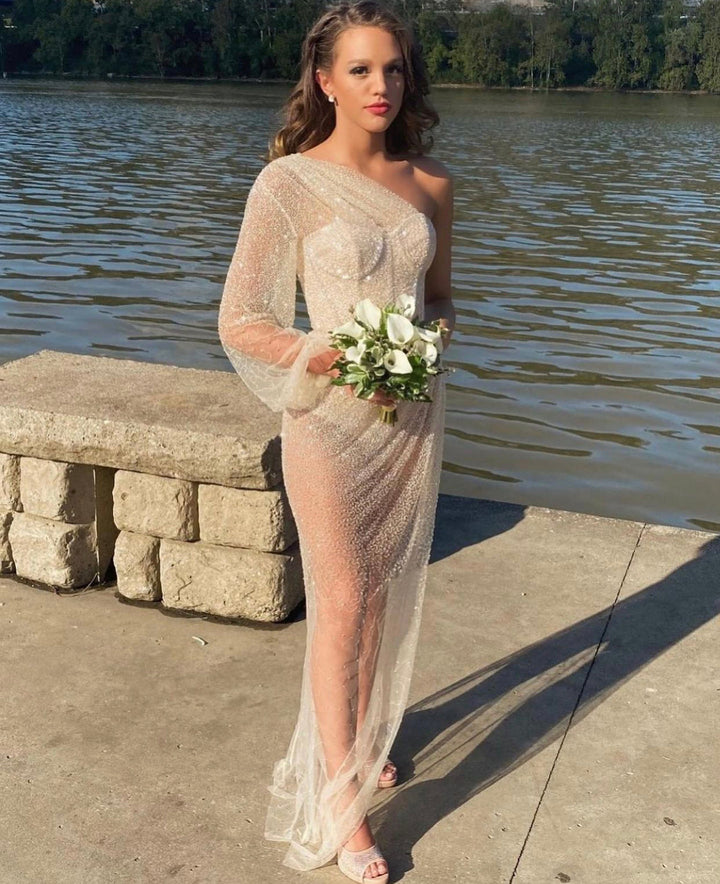 Beaded Fitted One Shoulder Sheer Gown by Jovani 06082