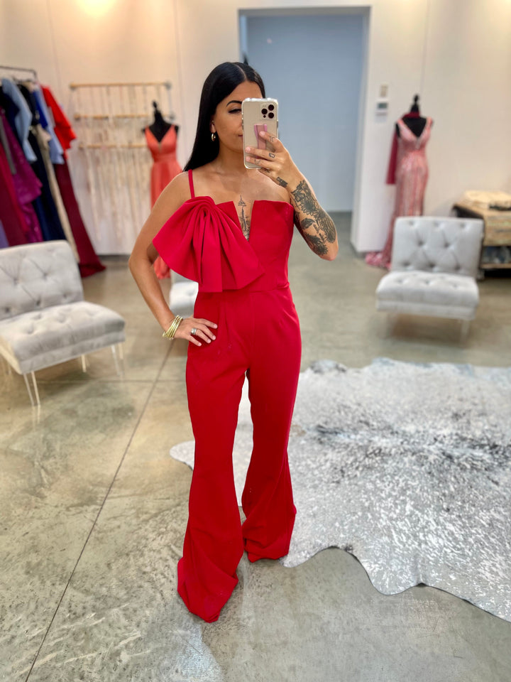 Crepe One Shoulder Bow Jumpsuit by Jovani 09525