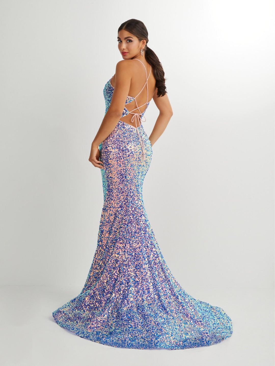 iridescent mermaid prom dress Jovani 08099 Iridescent Blue V Neck Open Back Dress