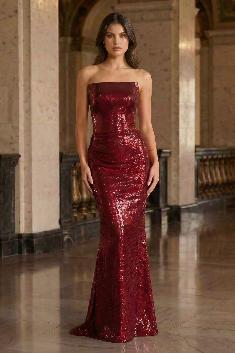 Sequin Fitted Strapless Gown by Ladivine J904