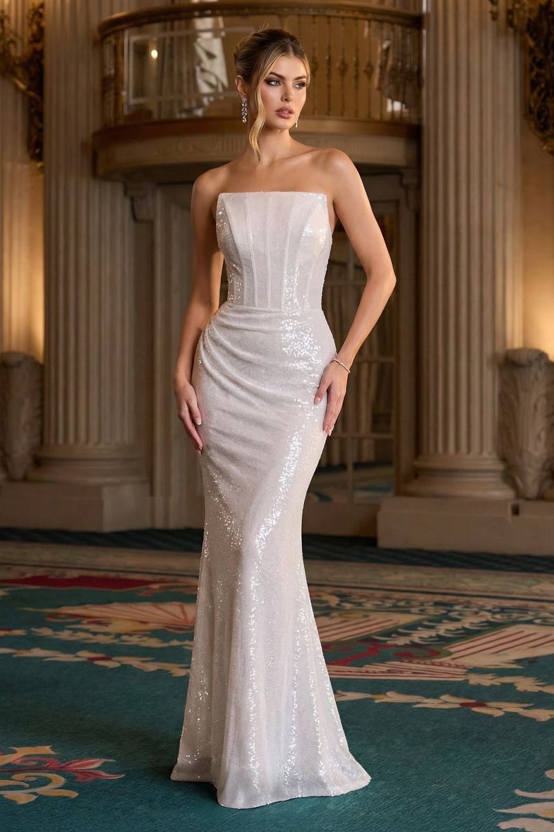 Sequin Fitted Strapless Gown by Ladivine J904