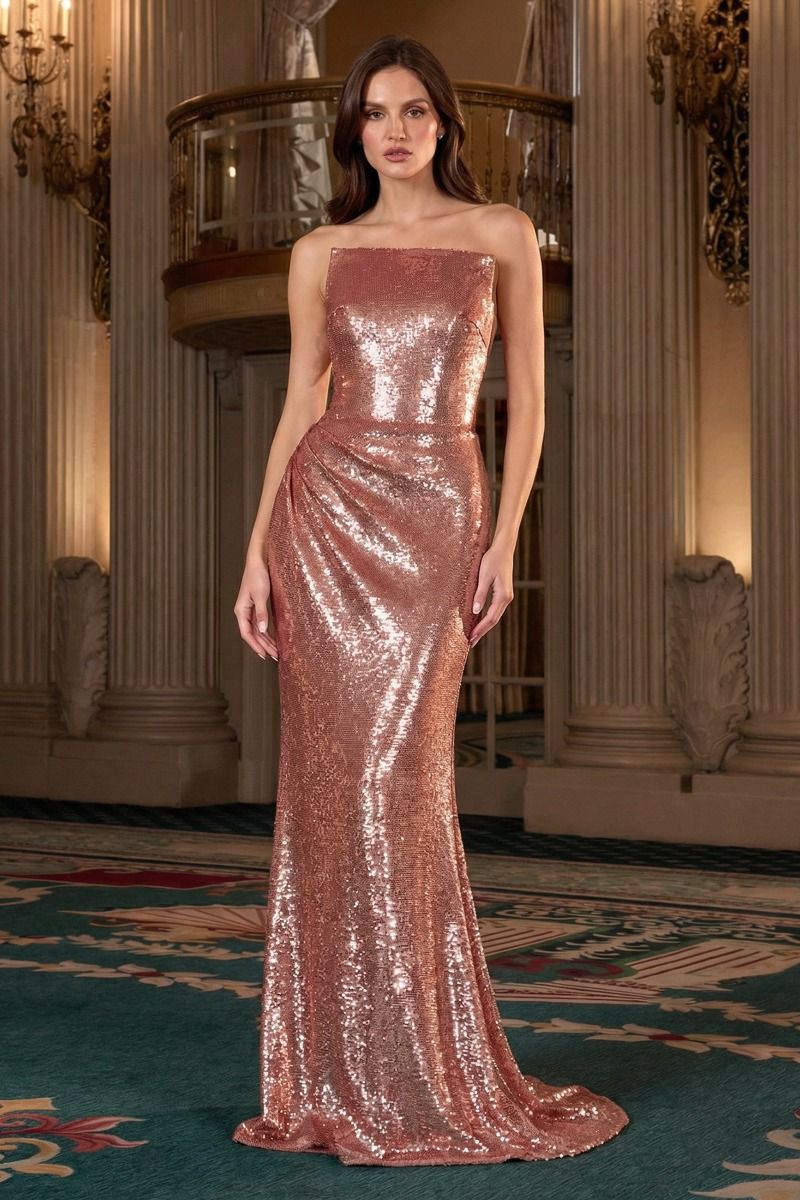 Sequin Fitted Strapless Gown by Ladivine J904