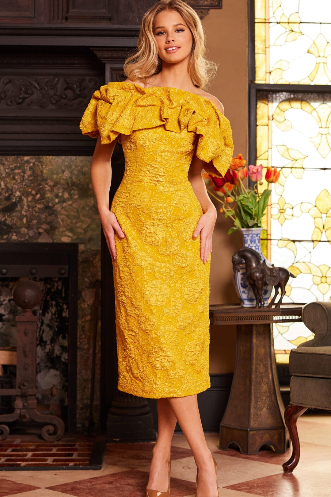 Jacquard Short Off Shoulder Dress by Jovani 23848