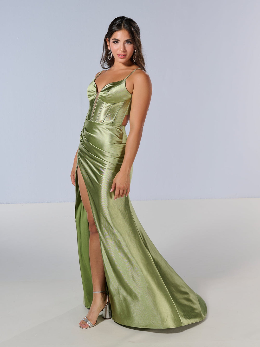 Jersey Fitted Corset Slit Gown by Tiffany Designs 16185
