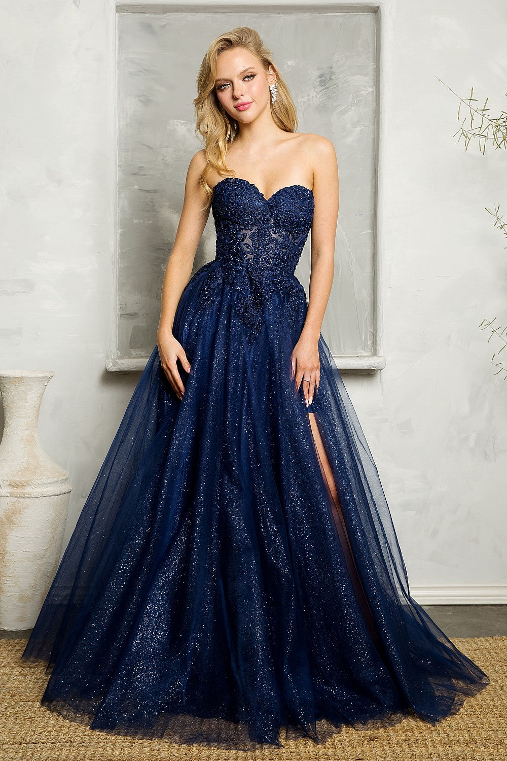 Embroidered Strapless Glitter A-line Slit Gown by Juno A1029