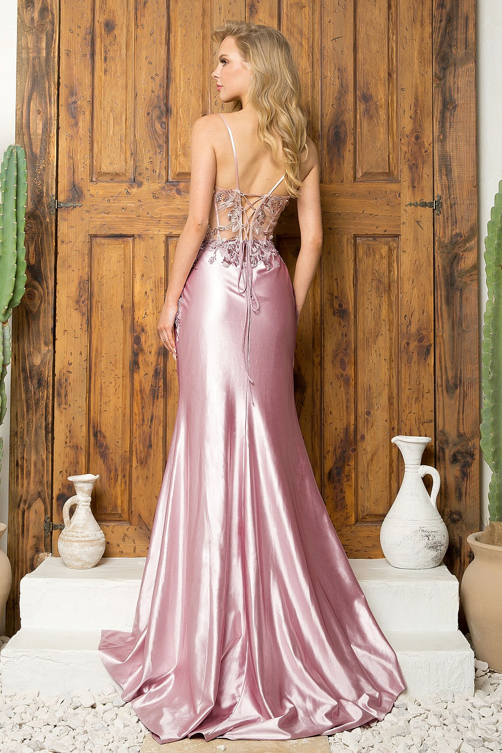 Fitted Embroidered Satin Sleeveless Slit Gown by Juno M1024