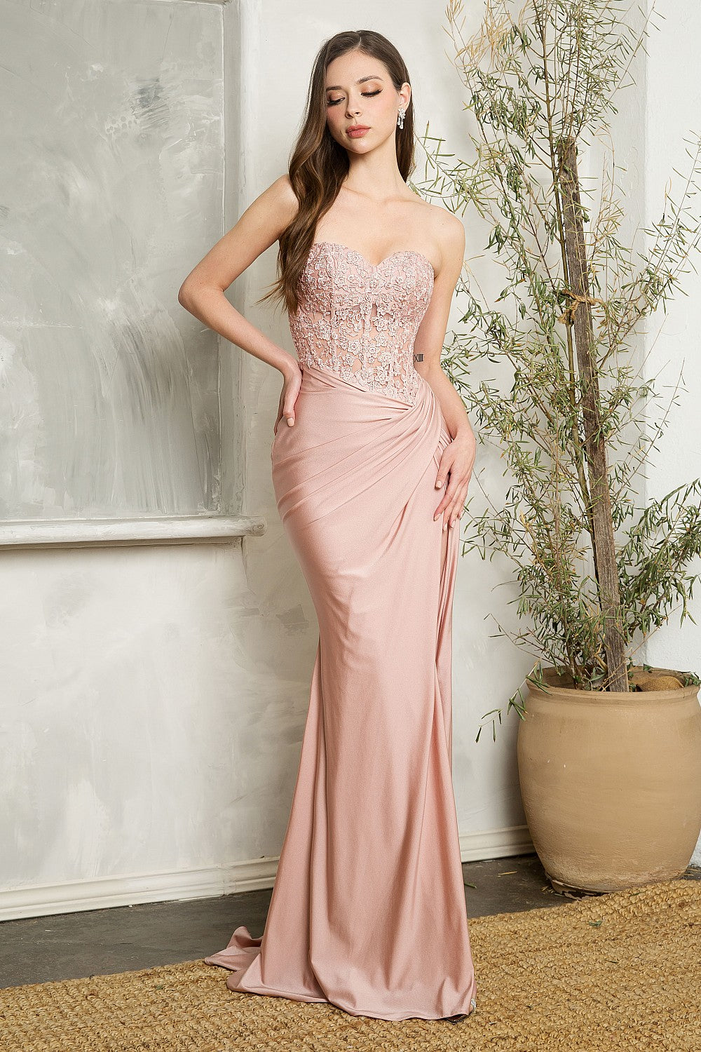 Fitted Embroidered Strapless Slit Gown by Juno M1027