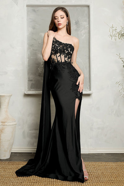 Fitted Embroidered One Shoulder Corset Gown by Juno M1037