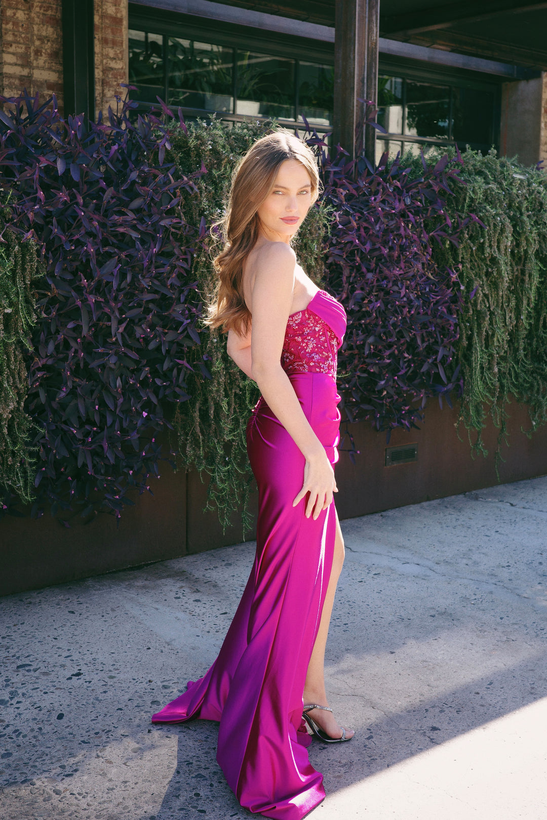 Satin Fitted Strapless Slit Gown by Juno M1045