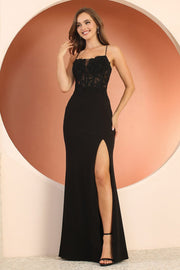 Lace Applique Fitted Sleeveless Slit Gown by Adora 3166