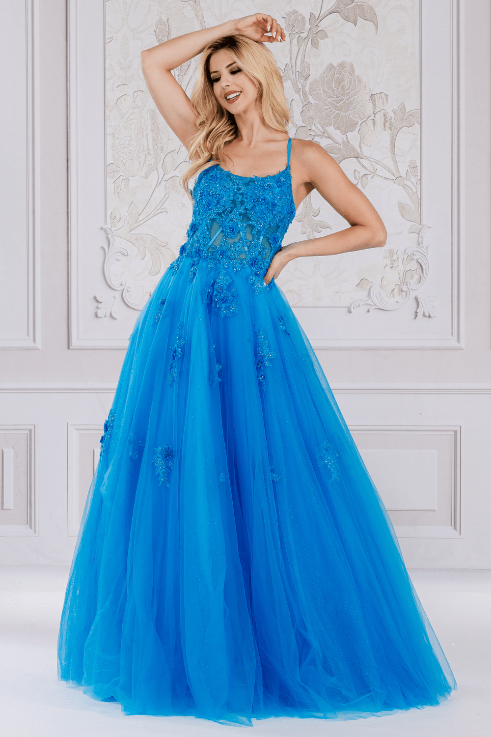 Lace Applique Sleeveless Gown by Amelia Couture 7035