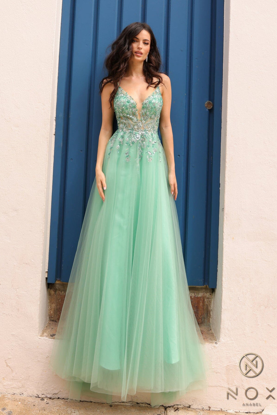 Lace Applique Sleeveless Tulle Gown by Nox Anabel Q1391