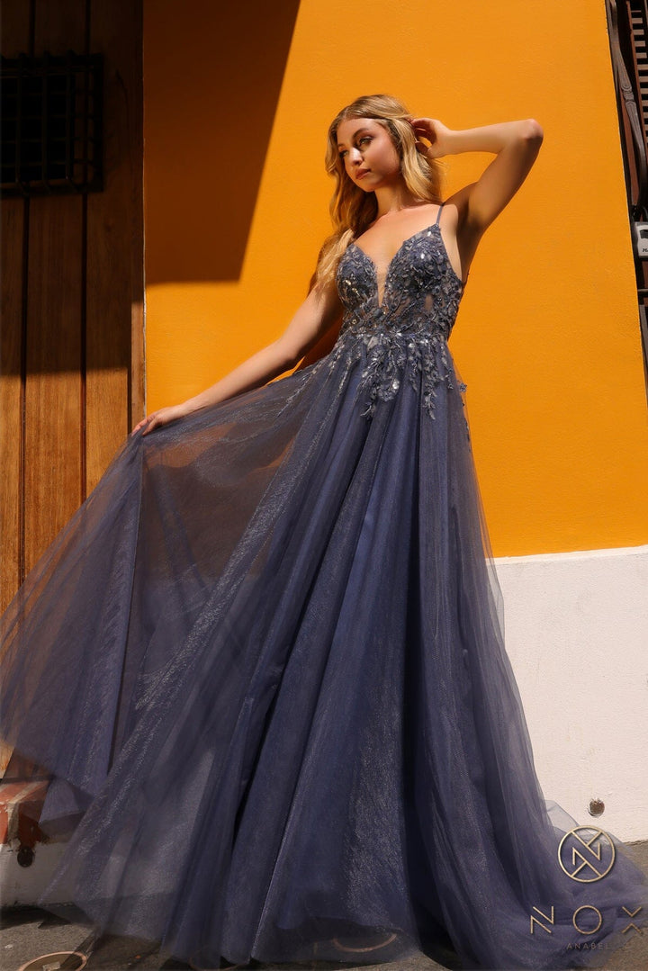Lace Applique Sleeveless Tulle Gown by Nox Anabel Q1391