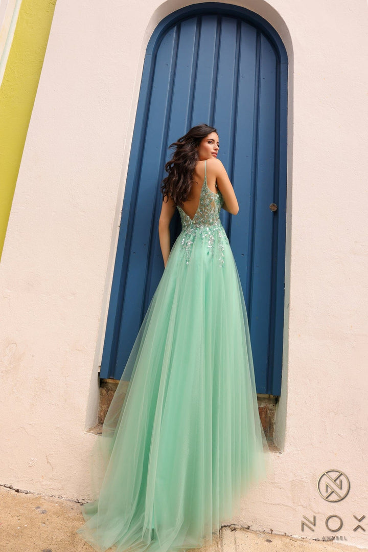 Lace Applique Sleeveless Tulle Gown by Nox Anabel Q1391
