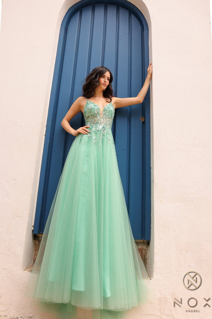 Lace Applique Sleeveless Tulle Gown by Nox Anabel Q1391