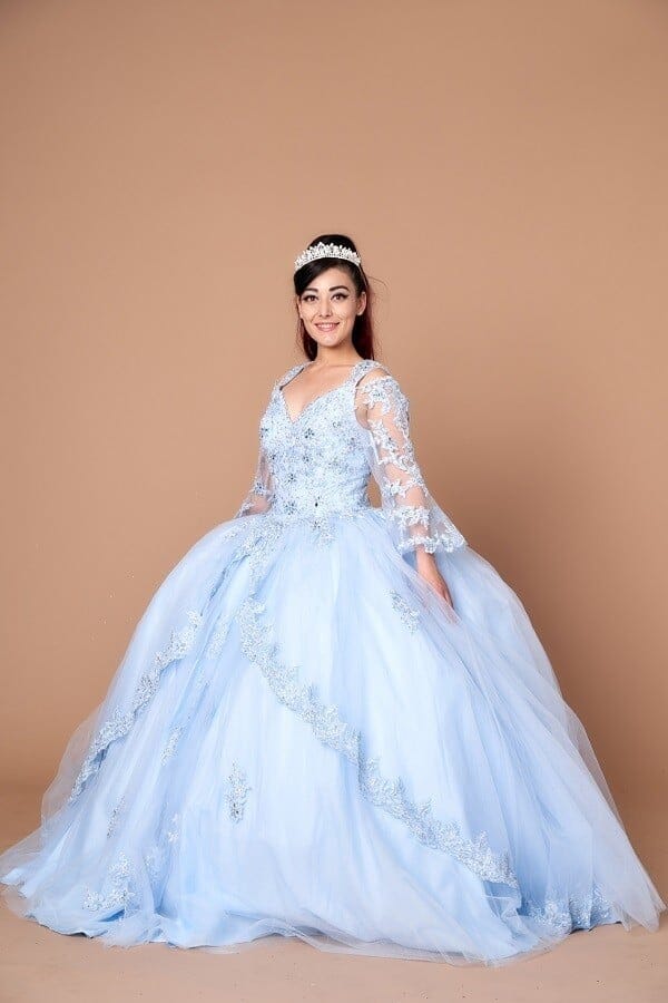 Lace Bell Sleeve Quinceanera Dress by Calla KY-70029 12 / Bahama Blue