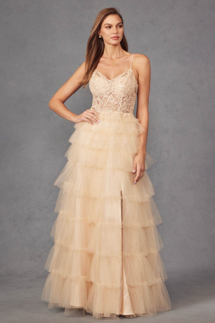 Lace Bodice Sleeveless A-line Ruffled Gown by Juliet JT2451S