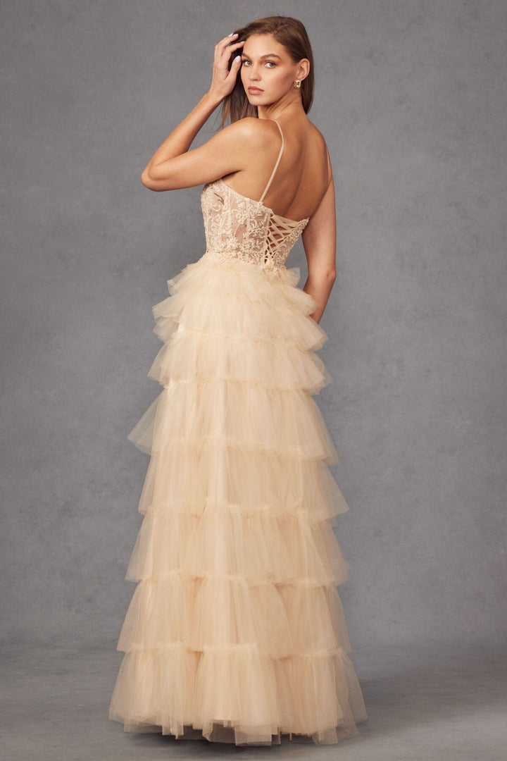 Lace Bodice Sleeveless A-line Ruffled Gown by Juliet JT2451S