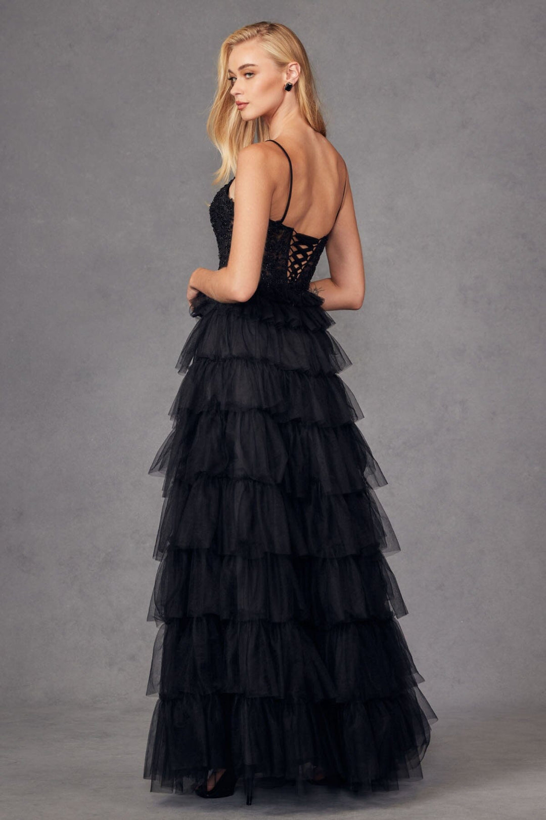 Lace Bodice Sleeveless A-line Ruffled Gown by Juliet JT2451S