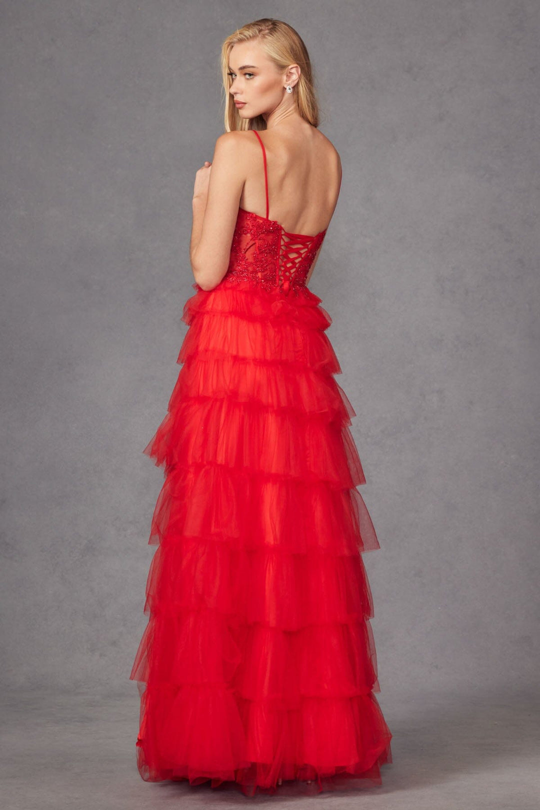 Lace Bodice Sleeveless A-line Ruffled Gown by Juliet JT2451S