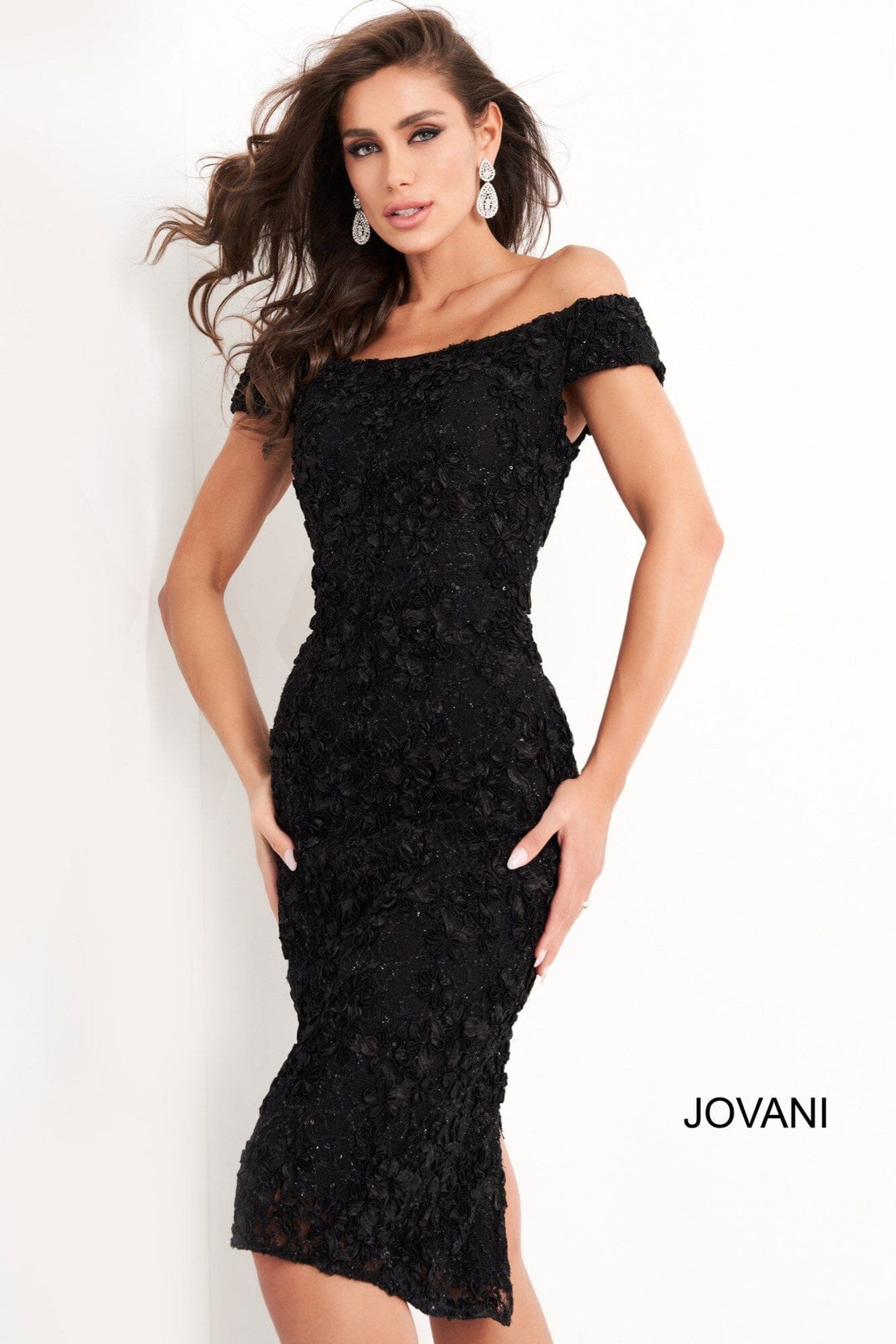jovani short black lace dress Short Lace Fitted Midi Cocktail Dress Jovani 45346