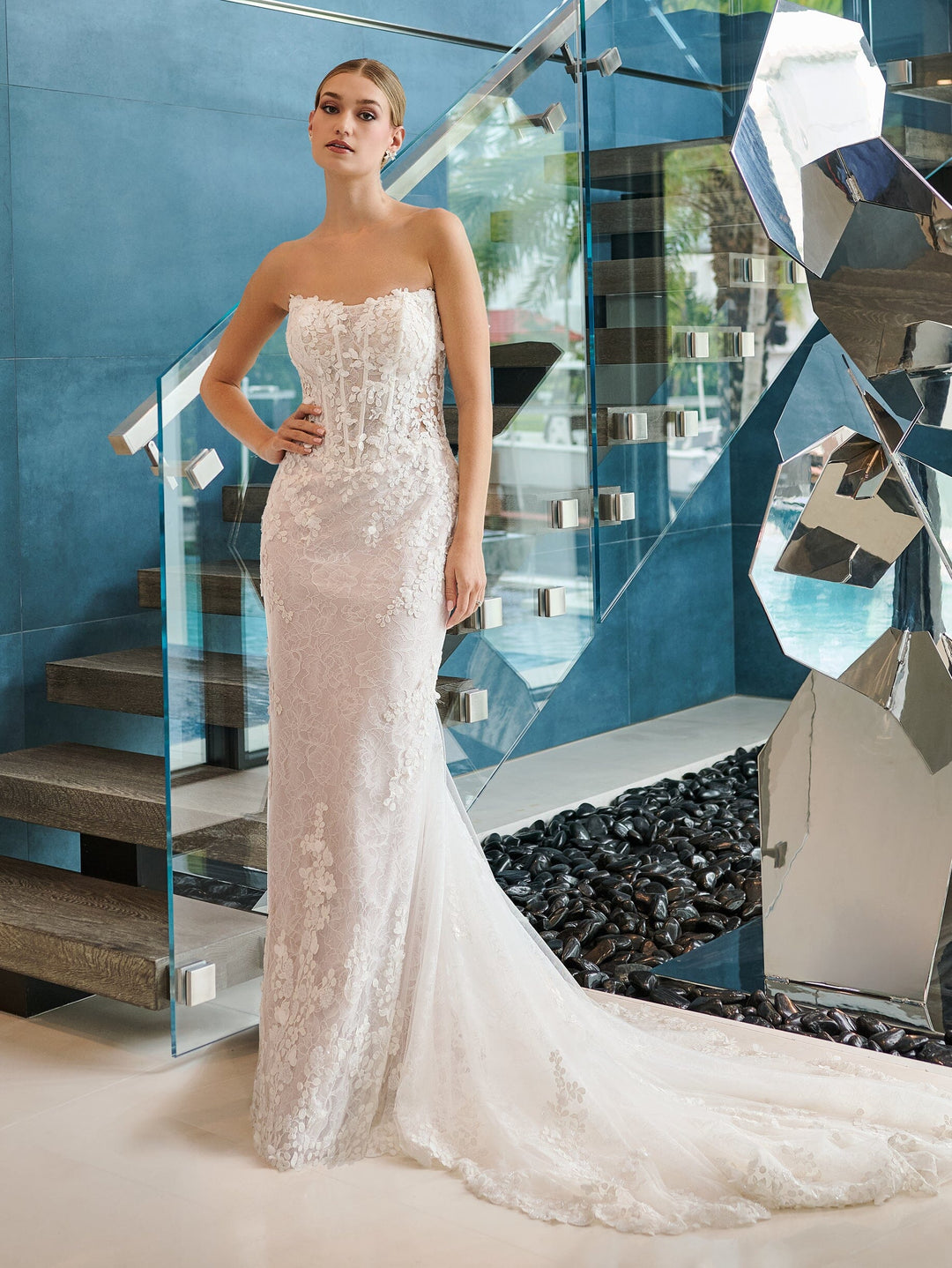 All Over Lace Slim Gown in Ivory French Lilac