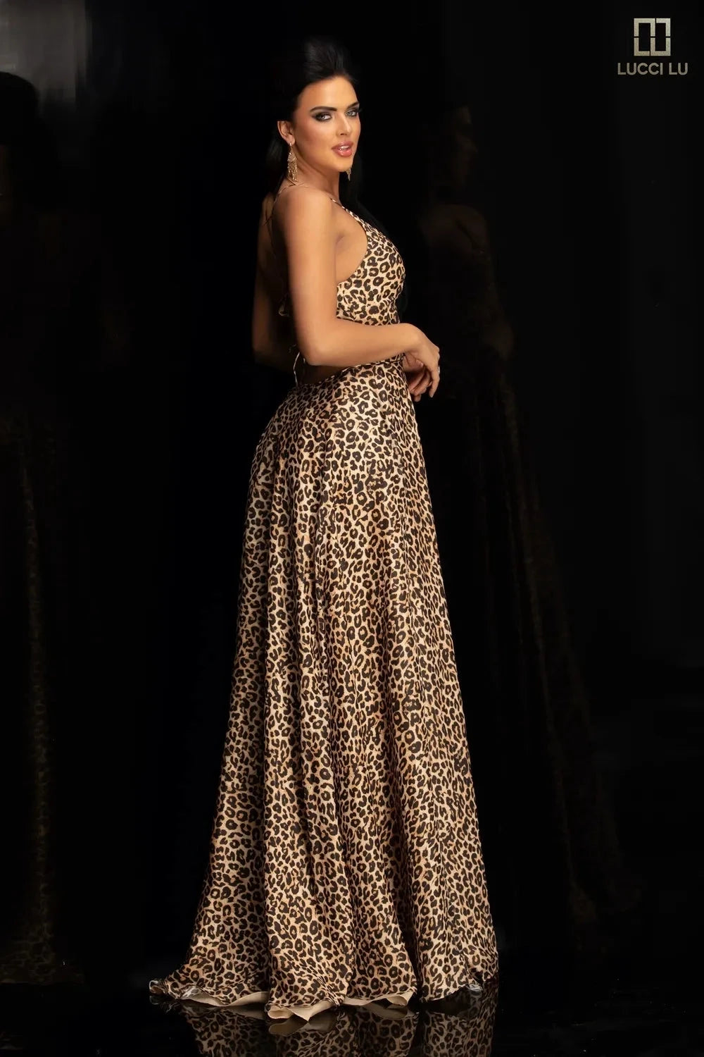 leopard formal dress Leopard Print A-line Slit Gown by Lucci Lu 1063 2 / Gold