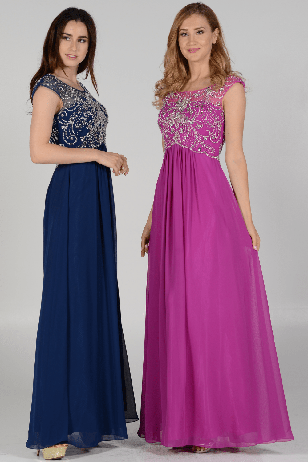 Long Cap Sleeve Dress with Jeweled Bodice by Poly USA 7122