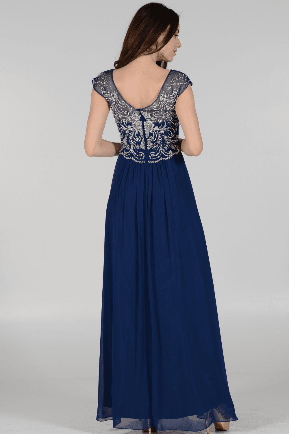 Long Cap Sleeve Dress with Jeweled Bodice by Poly USA 7122