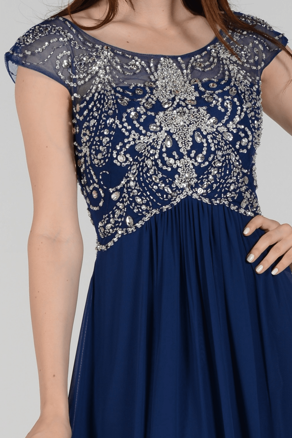 Long Cap Sleeve Dress with Jeweled Bodice by Poly USA 7122