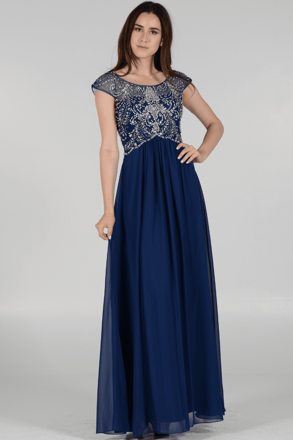 Long Cap Sleeve Dress with Jeweled Bodice by Poly USA 7122