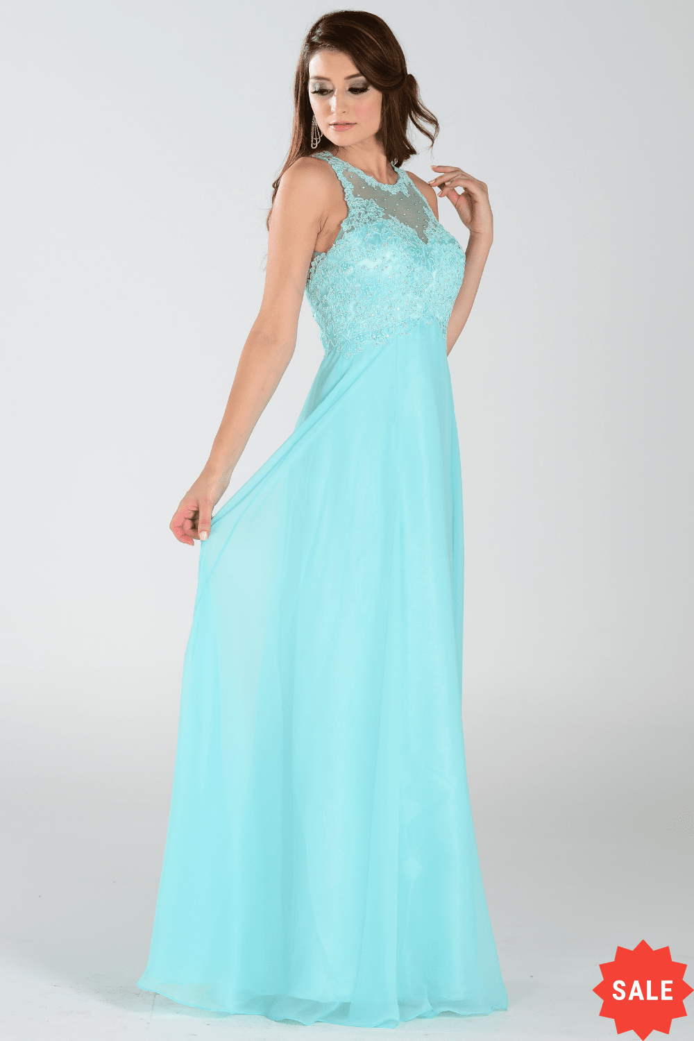 Long Chiffon Dress with Lace Applique Top by Poly USA 7454 Xs Aqua