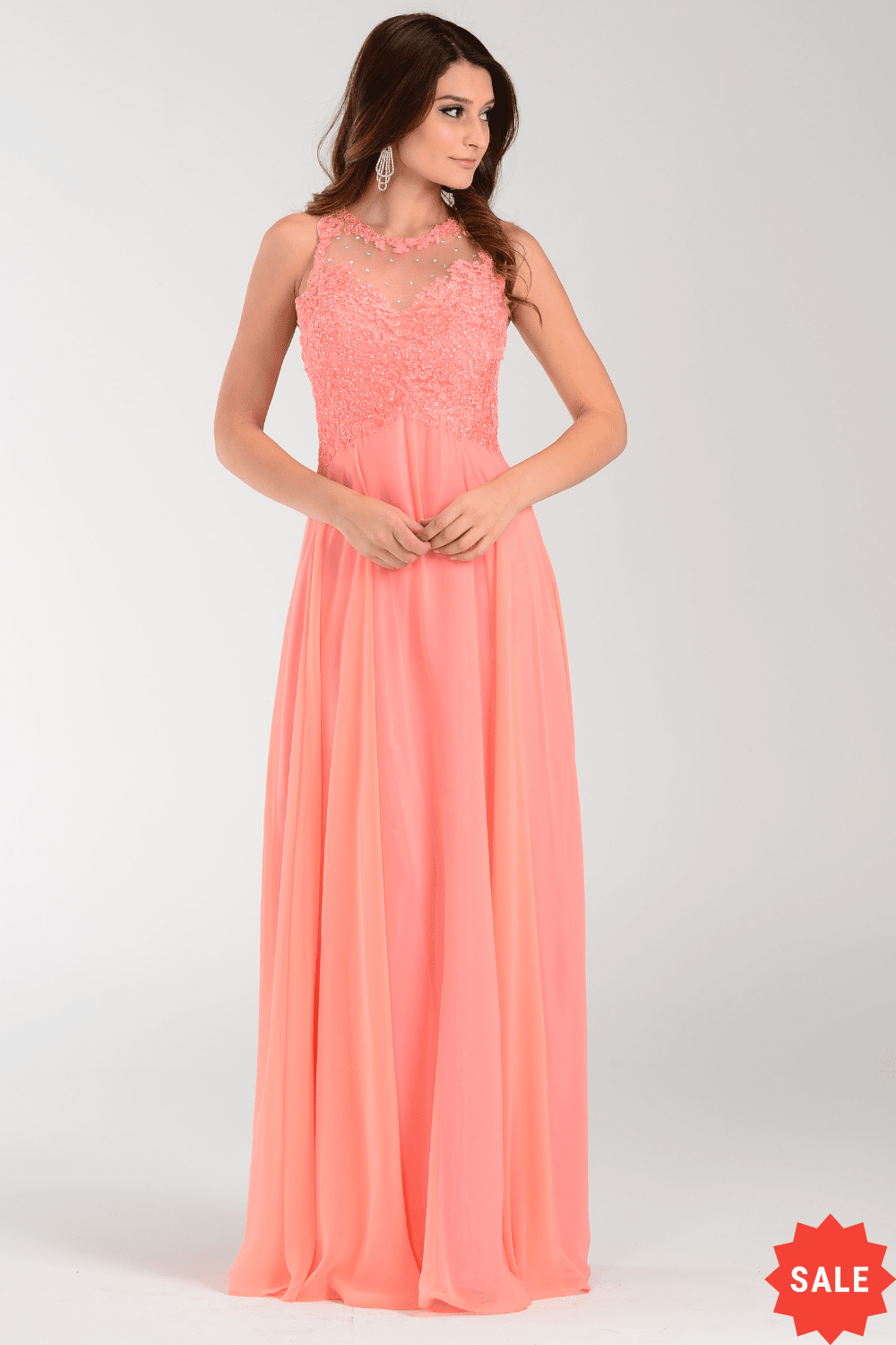 Long Chiffon Dress with Lace Applique Top by Poly USA 7454
