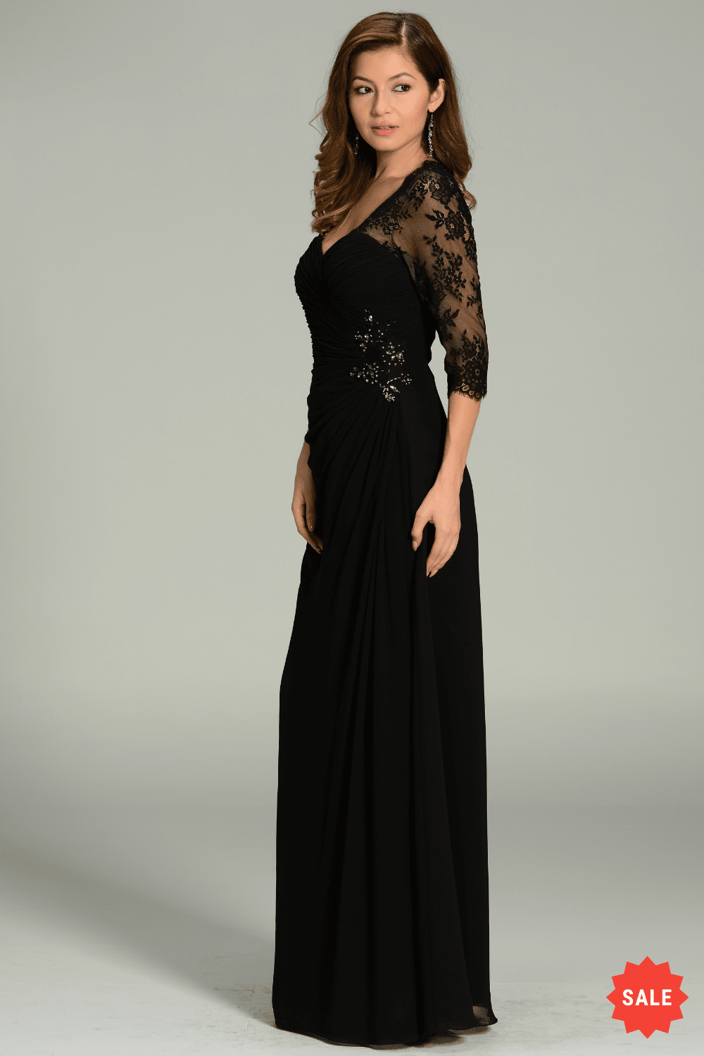 Long Chiffon Dress with Lace Sleeves by Poly USA 7210