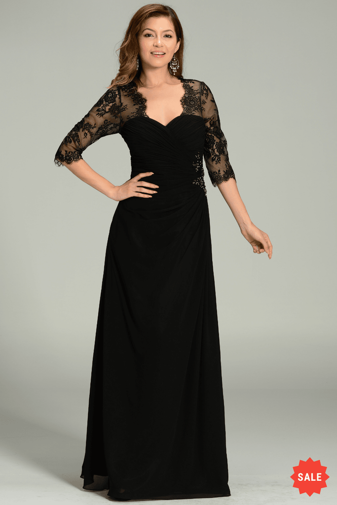 Long Chiffon Dress with Lace Sleeves by Poly USA 7210 M / Burgundy Long Chiffon Dress with Lace Sleeves by Poly USA 7210 M / Burgundy