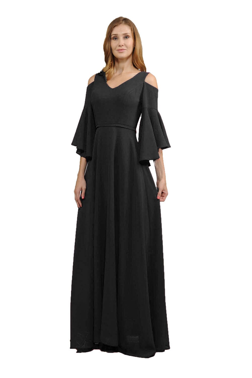 Long Cold Shoulder Dress with Bell Sleeves by Poly USA 8300