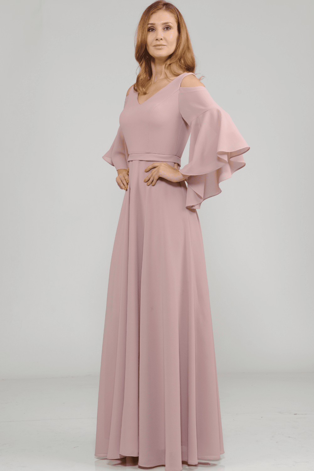 Long Cold Shoulder Dress with Bell Sleeves by Poly USA 8300