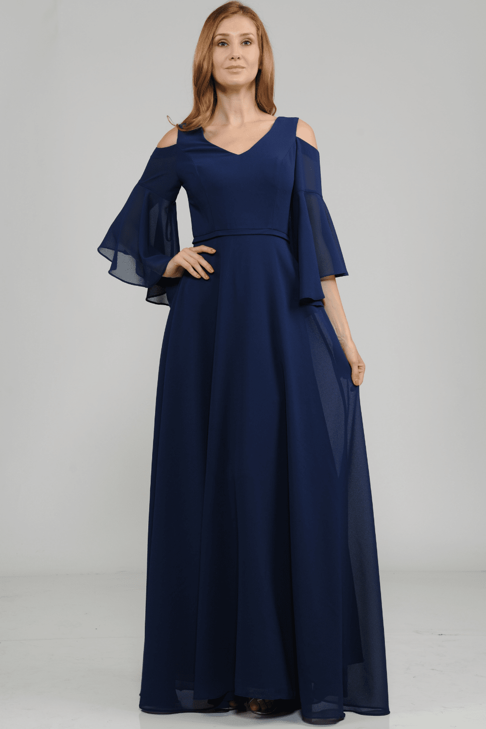 Long Cold Shoulder Dress with Bell Sleeves by Poly USA 8300