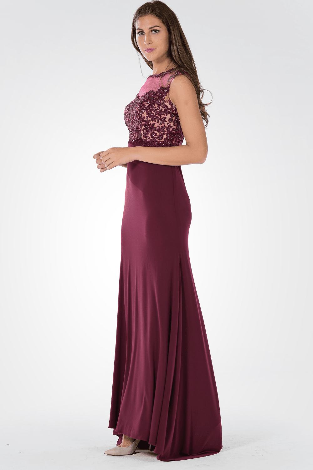 Long Dress with Illusion Lace Applique by Poly USA 7600 XS / Black Long Dress with Illusion Lace Applique by Poly USA 7600 XS / Black