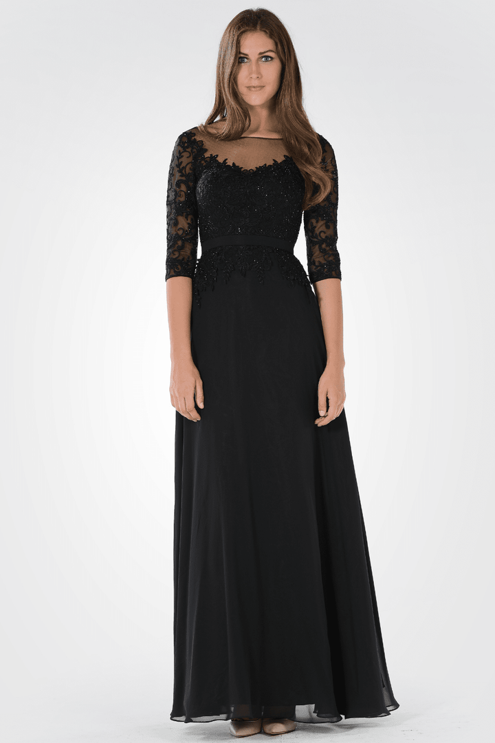 Long Dress with Illusion Lace Sleeves by Poly USA 7598