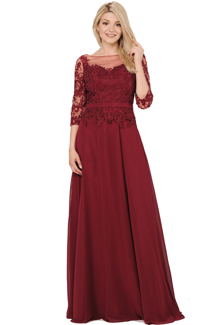 Long Dress with Illusion Lace Sleeves by Poly USA 7598