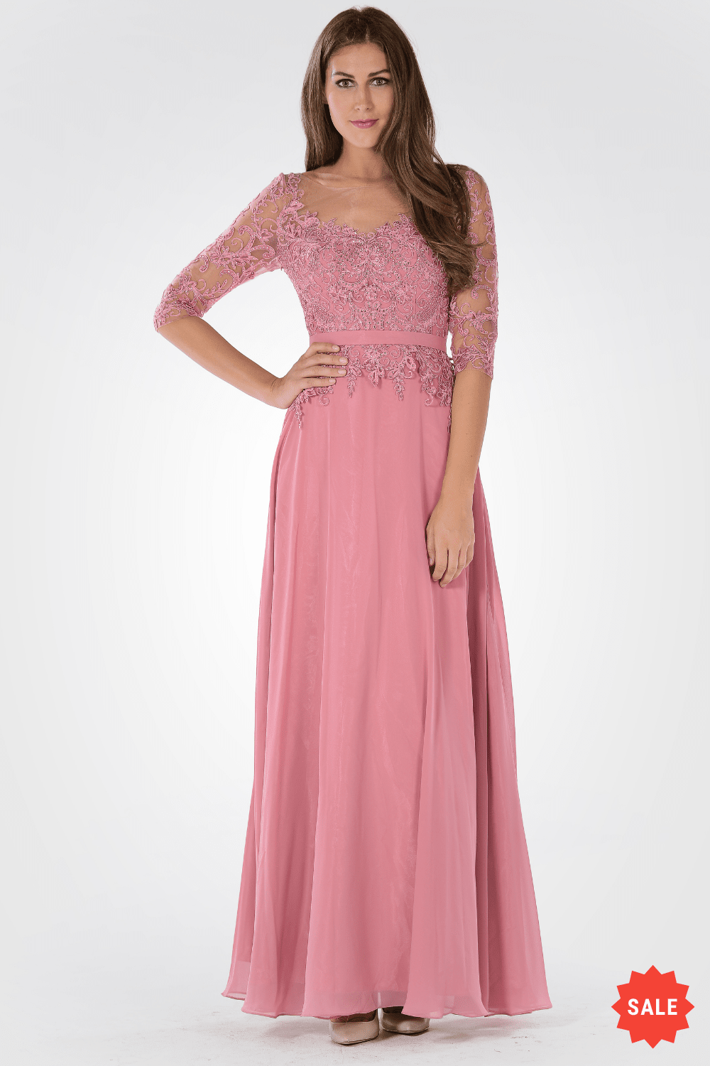 Long Dress with Illusion Lace Sleeves by Poly USA 7598