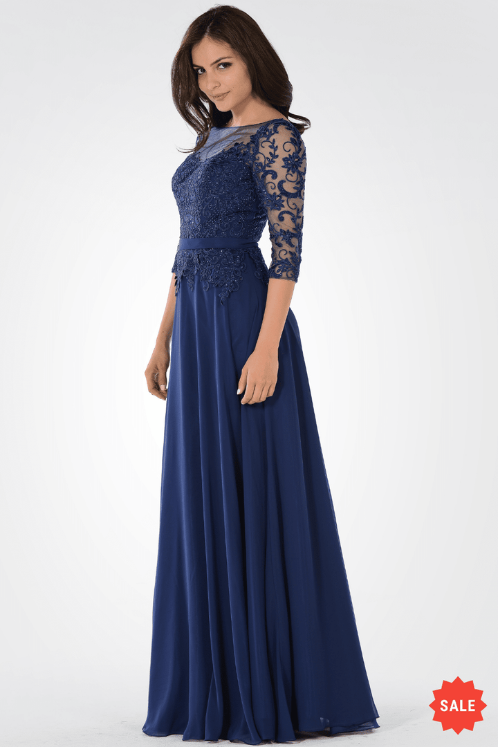Long Dress with Illusion Lace Sleeves by Poly USA 7598