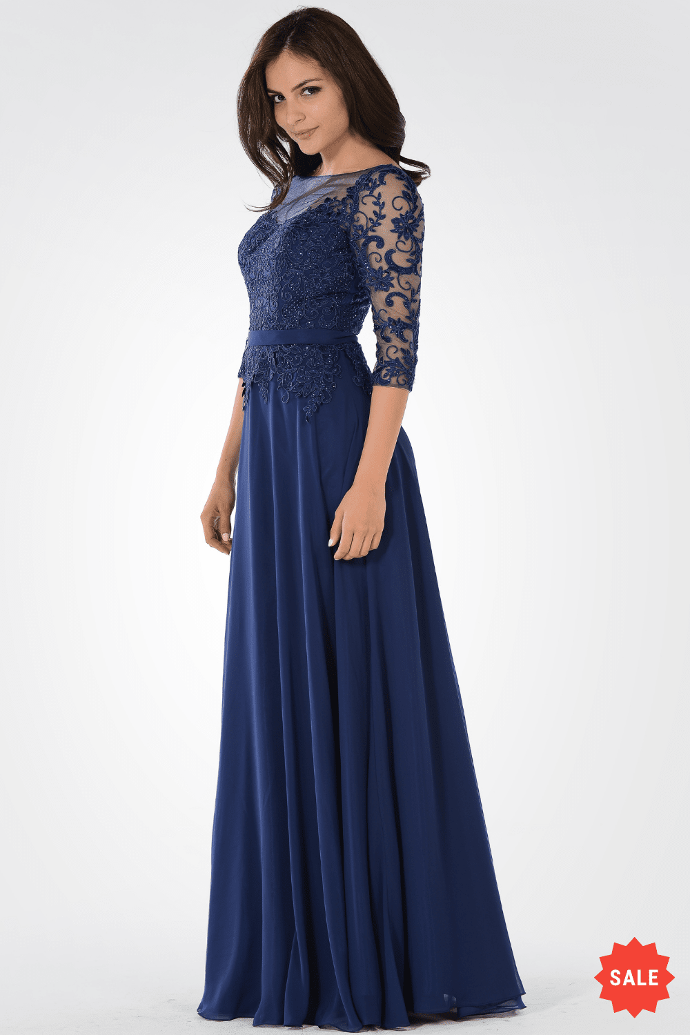 Long Dress with Illusion Lace Sleeves by Poly USA 7598