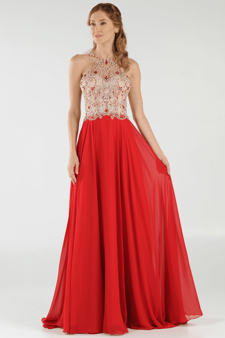 Long High Neck Dress with Beaded Illusion Bodice by Poly USA 7826