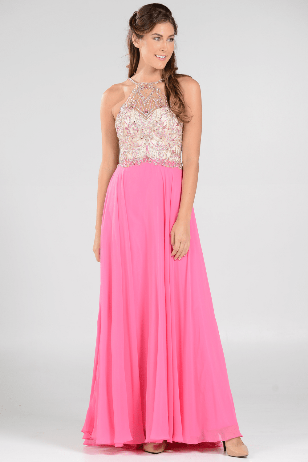 Long High Neck Dress with Beaded Illusion Bodice by Poly USA 7826