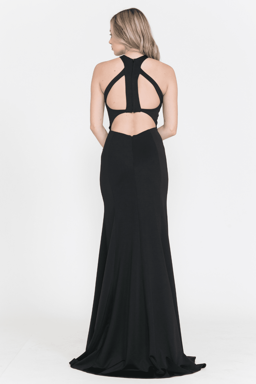 Halter Floor-Length Scuba Prom Dress with Plunging Keyhole and Cut-Out Back Poly USA 8296 - Burgundy / L Halter Floor-Length Scuba Prom Dress with Plunging Keyhole and Cut-Out Back Poly USA 8296 - Burgundy / L