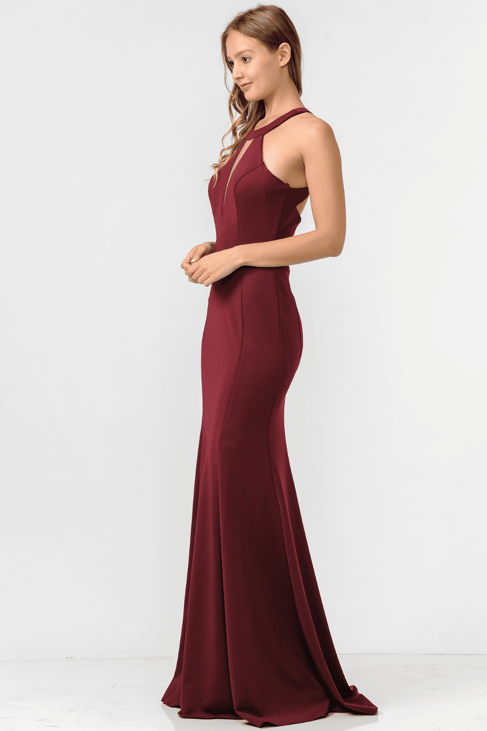 Long High-Neck Trumpet Dress with Strappy Back by Poly USA 8296 L / Burgundy Long High-Neck Trumpet Dress with Strappy Back by Poly USA 8296 L / Burgundy